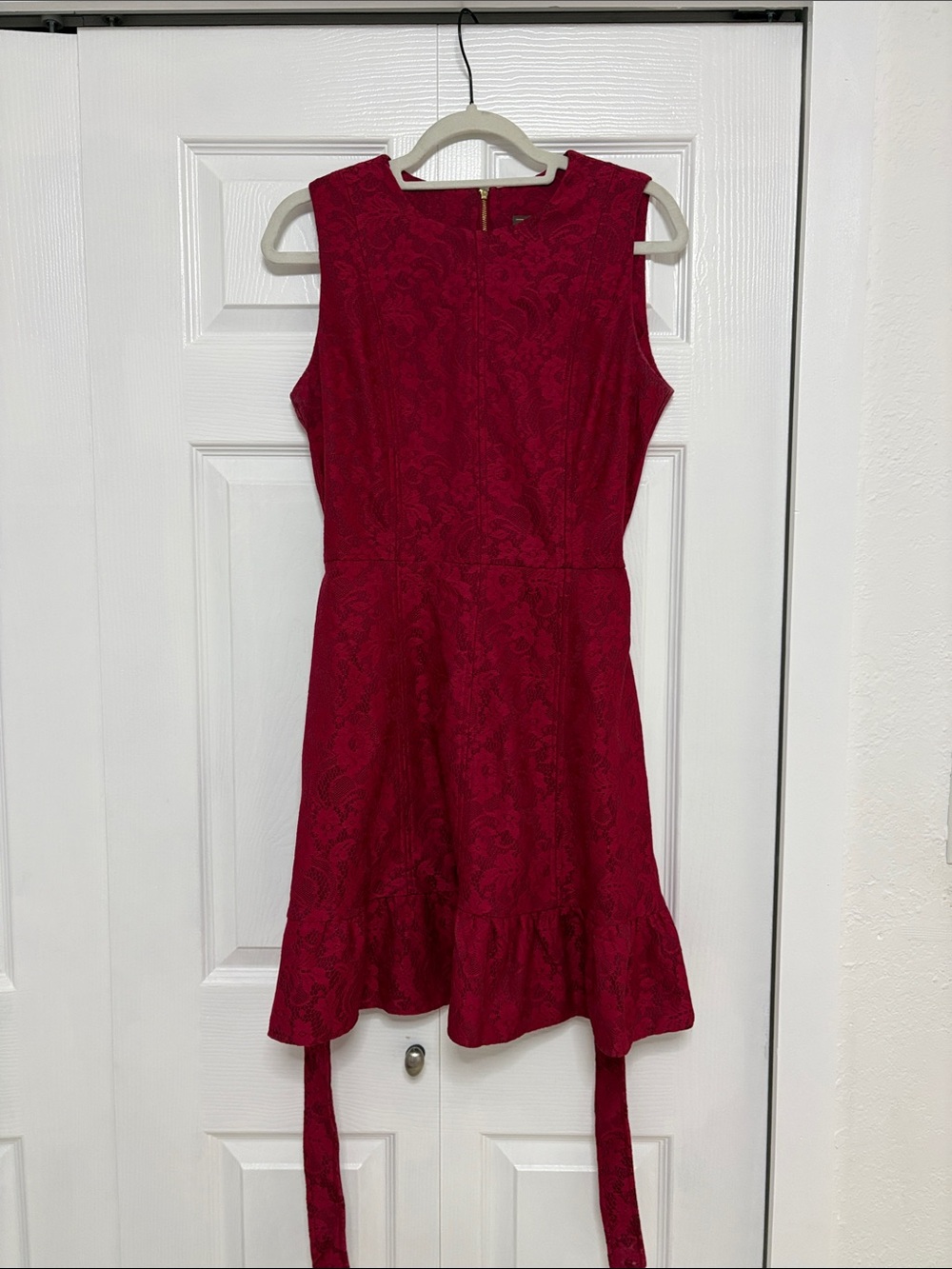 Women's Red Lace Midi Dress with Ruffle Hem